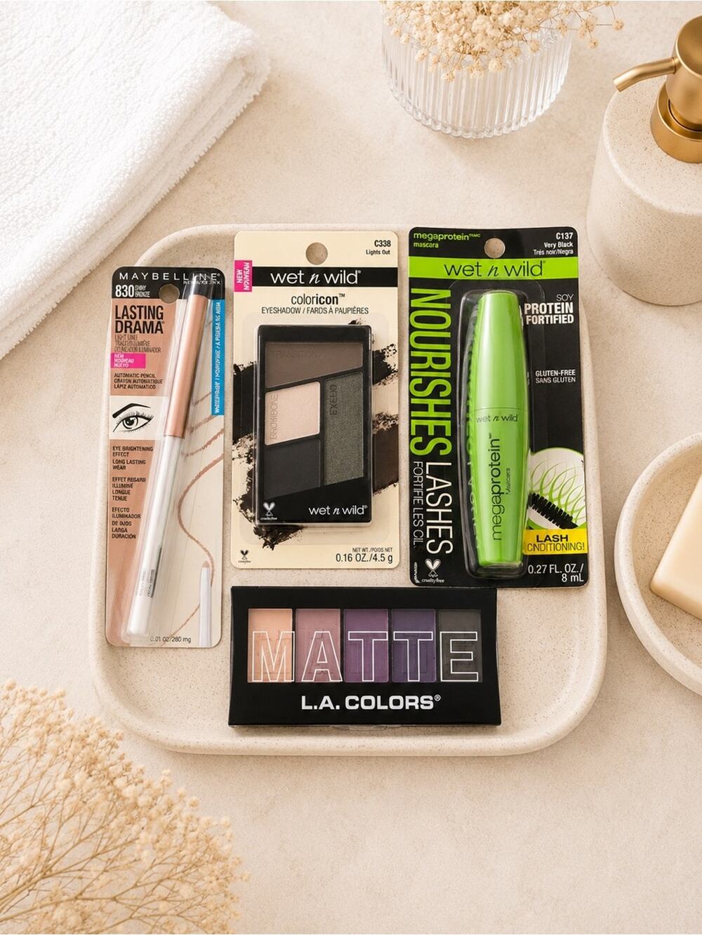 4 bundle eyeshadow eyeliner mascara set wet n wild black highlight cute set